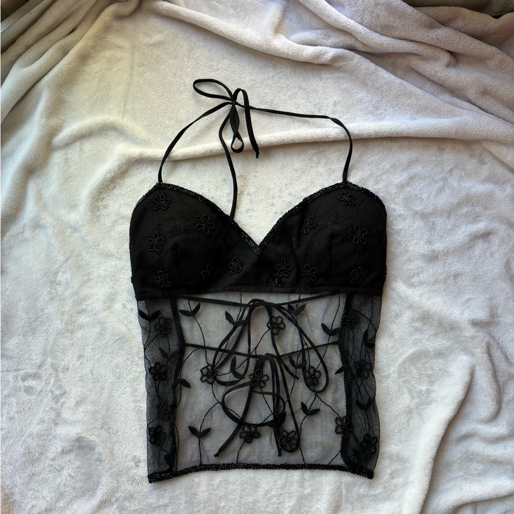 Black Sheer Floral Embroidered Halter Top - Picture 5 of 6